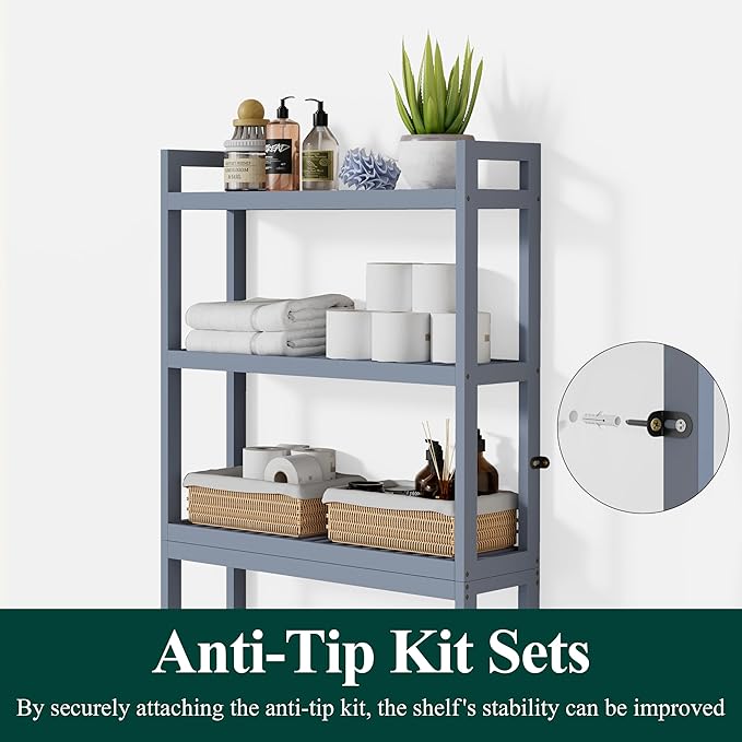 Smiry Over The Toilet Storage Cabinet, 3-Tier Bamboo Bathroom Organizers with Adjustable Shelf & 4 Hooks, Space Saving Shelf Rack for Bathrooms, Laundry Room, Balcony, Grey