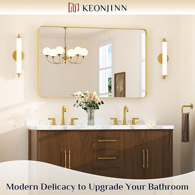 Keonjinn Brushed Gold Bathroom Mirror 48 x 30 Inch Large Rounded Rectangle Vanity Mirror, Brass Gold Wall Mirror with Shatterproof HD Tempered Glass, Decorative Gold Framed Mirror(Horizontal/Vertical)