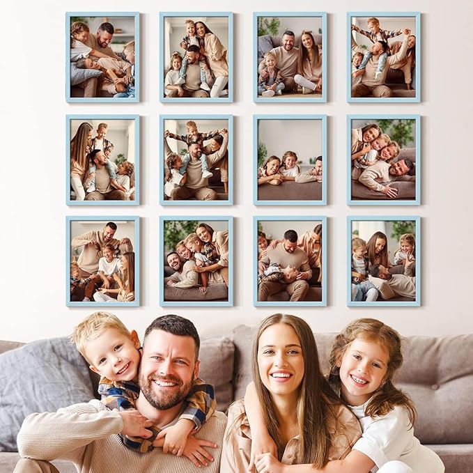 Renditions Gallery Set of 12, 11X14 Custom Photo Prints with Real Wood Picture Frames. Create Personalized Photos with Peel & Stick Photo Frames. Blue Frame