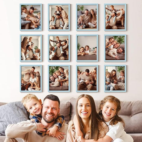 Renditions Gallery Set of 12, 11X14 Custom Photo Prints with Real Wood Picture Frames. Create Personalized Photos with Peel & Stick Photo Frames. Blue Frame