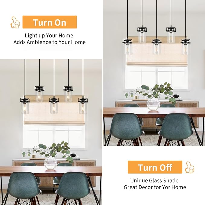 Pendant Lighting for Kitchen Island, Dining Room Light Fixture Black, 5-Light Hanging Linear Chandeliers with Clear Glass Shade Farmhouse Chandeliers for Dining Room(E26 Bulb Base)