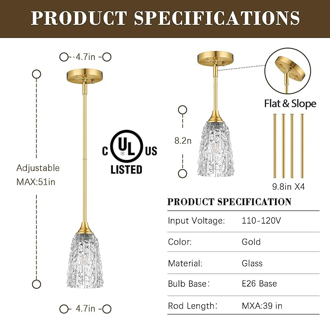Brushed Gold Pendant Lights Kitchen Island 2 Pack, Glass Pendant Light Fixtures with Hammered Glass and Rods, Modern Farmhouse Brass Hanging Light for Kitchen Sink Dining Room Bedroom, E26
