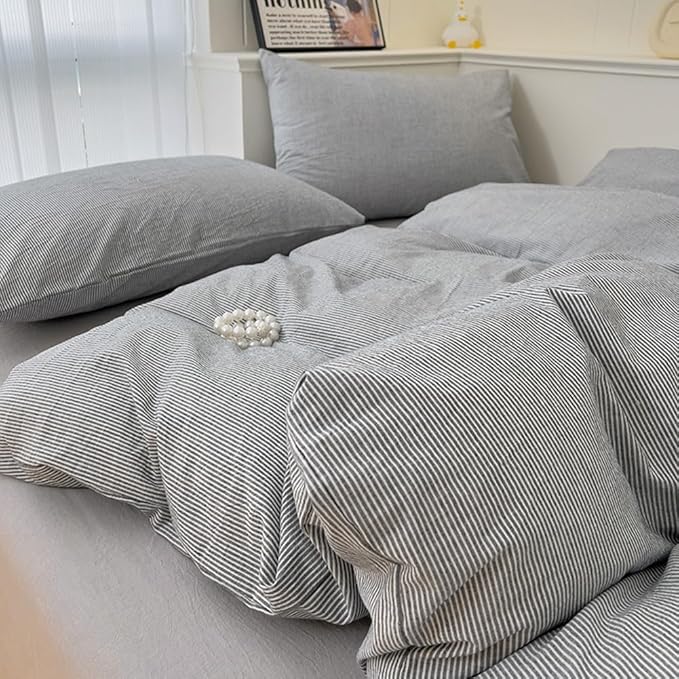 VM VOUGEMARKET Washed Cotton Grey Striped Duvet Cover Set King,Pinstripes Duvet Cover with 2 Pillowcases Modern Simple Farmhouse Style Bedding Set-Vertical Stripes
