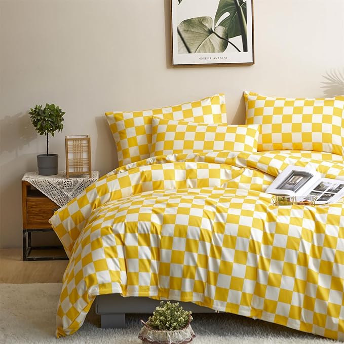 CLOTHKNOW Yellow Plaid Full Comforter Set 3Pcs Grid Bedding Comforter Sets Yellow White Comforter Full Soft Light Yellow Full Size Comforter Sets
