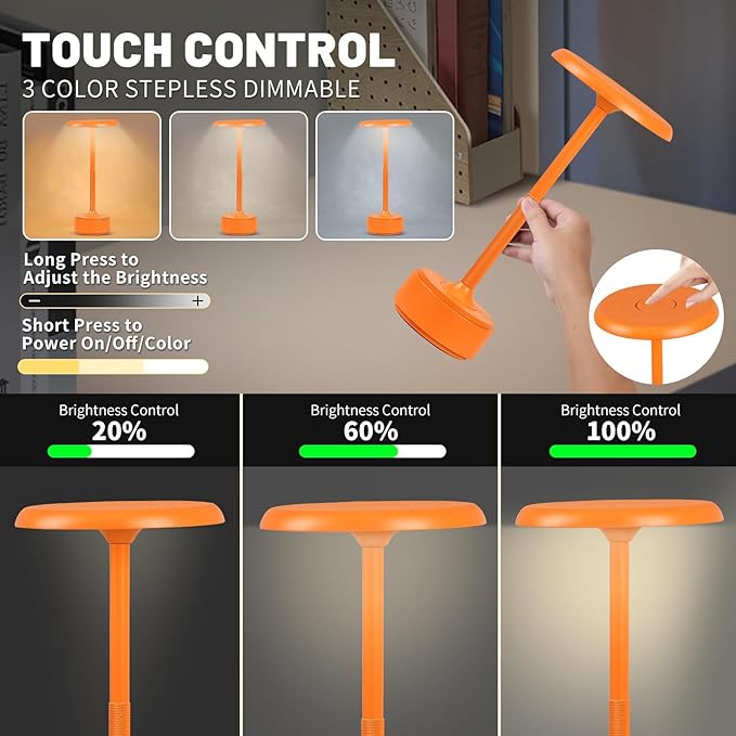 5200mAh Rechargeable Cordless LED Table Lamps Touch Sensor Light, 3-Levels Portable Dimming Wireless Battery Operated Lamp,Night Light/Restaurant Table/Outdoor/Coffee/Bar (Orange)