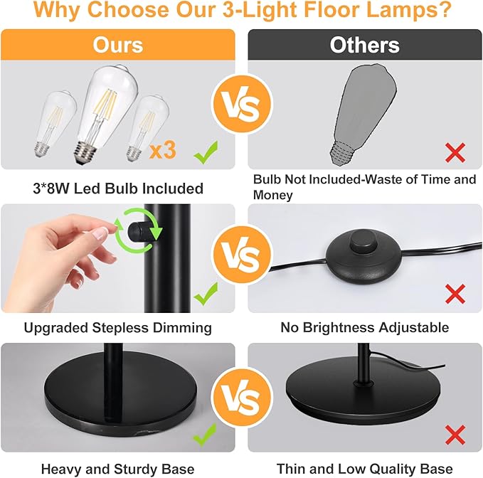 DLLT Modern Floor Lamp for Room: 3-Light Black Tree Dimmable Floor Lamps with Beige Shades for Living Room - Arc Standing Lamp for Bedroom - Tall Floor Lamp for Office Corner 3 LED Bulbs Included