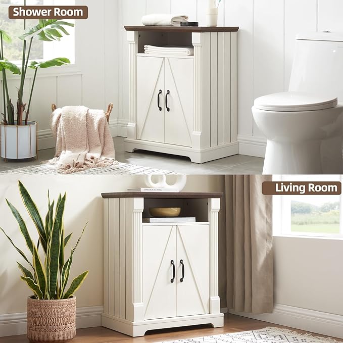 Farmhouse Bathroom Floor Cabinet, Freestanding Storage Cabinet with Double Doors and Adjustable Shelves, Wooden Small Storage for Living Room, Bathroom (Antique White)