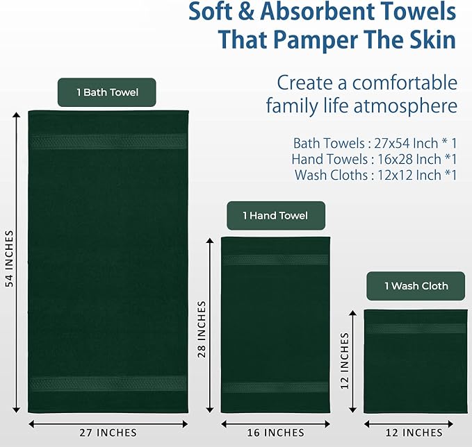 Dan River 100% Ring Spun Cotton 3-Piece Towel Set, Hunter Green, Bath Towel, Hand Towel and Washcloths, 550 GSM - Soft, Absorbent Quick Dry Cotton Towels for Bathroom, Spa, and Gym