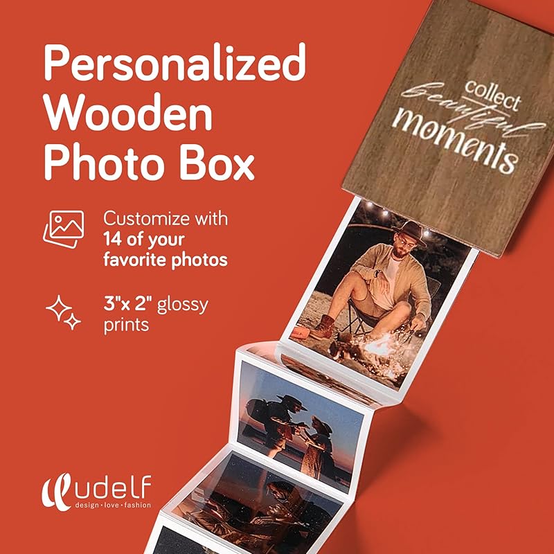 Personalized Wooden Photo Box Gift with Accordion Picture Pull Out | Custom Photo Album Box | Personalized Photo Box Gift for Any Occasion, Picture Box Gift I 14 Photo Prints, 3"x2" (Moments-Vertical)