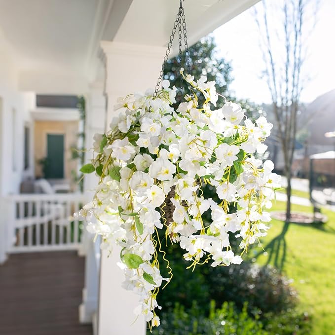 Ivydale Artificial Hanging Flowers Baskets Fake Plants for Outdoors Summer Decoration, Faux Hibiscus UV Resistance Realistic Silk Flowers for Outside Home Patio Porch Balcony Garden Wedding, White