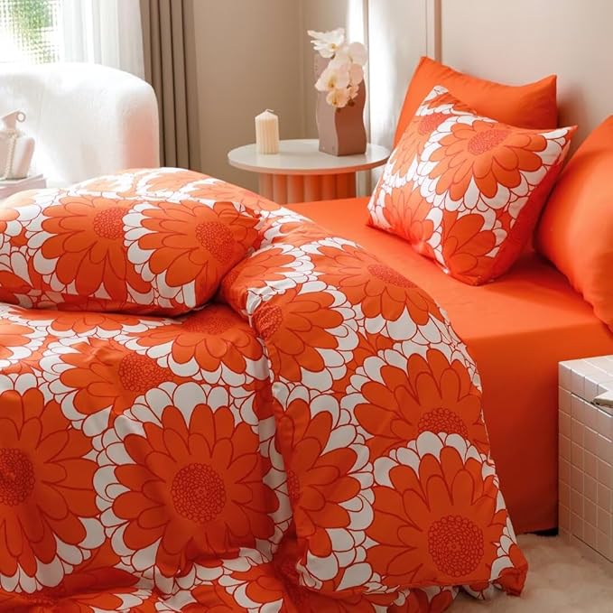 CLOTHKNOW Sunflower California King Comforter Set 3Pcs Orange Whtie Bedding Comforter Sets Rust Flower Comforter Botanical Comforter Sets Lightweight