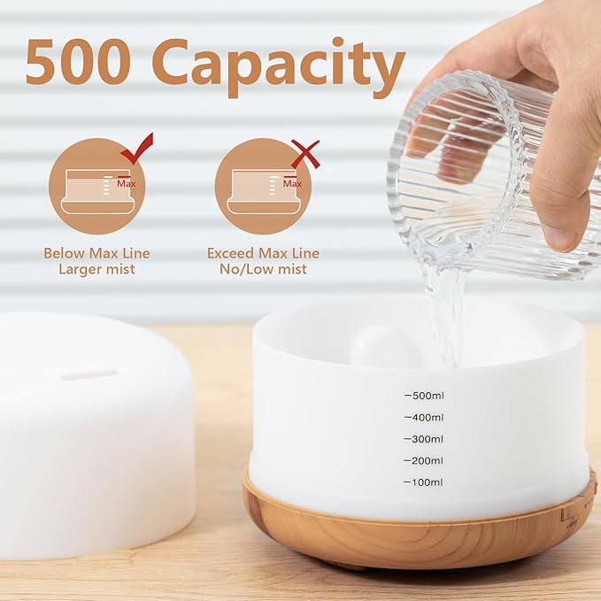 Oil Diffuser, 500ml Essential Oil Diffusers, Aromatherapy Diffuser with 2 Mist Mode 4 Timers＆7 Ambient Light Waterless Auto Off, Diffusers Large Room Home Office