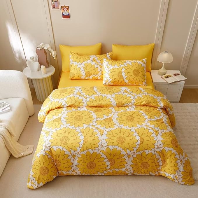 CLOTHKNOW Yellow White Sunflower Twin/Twin XL Comforter Set 3Pcs Floral Bedding Comforter Sets All Season Boho Comforter with 2 x Pillow Cases