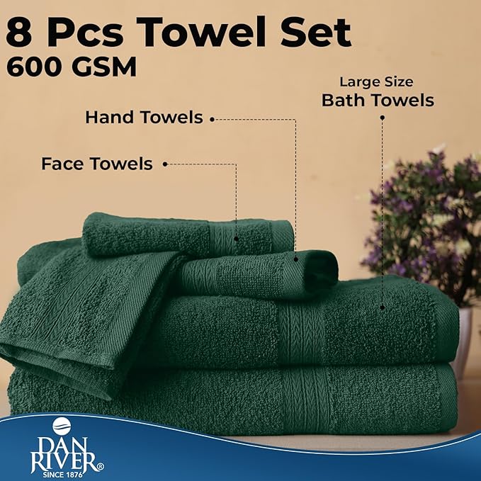 DAN RIVER 8 PC Luxury Bath Towels for Bathroom, 2 Bath, 2 Hand, and 4 Wash Cloths, 600 GSM 100% Ring Spun Cotton Towel Set, Highly Absorbent, Gym, Hotel, and Spa, Hunter Green