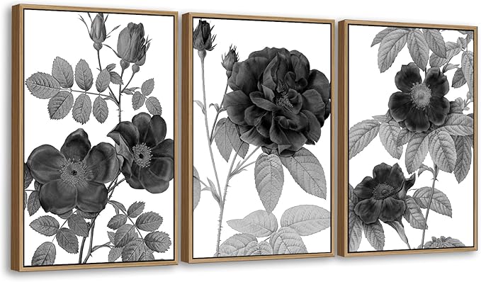Large Framed Canvas Wall Art - Natural Float Framed Black Gray Flowers Pictures Decor Simple Blossom Leaves Botanical Artwork for Living Room Bedroom Kitchen Home Office Decoration 48" X 24" Set of 3