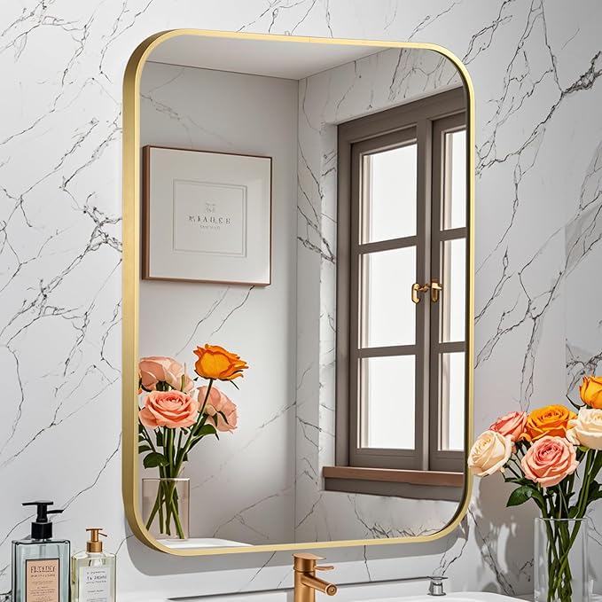 Brushed Gold Mirror, 30"x36" Rectangle Bathroom Mirror, Metal Frame Rectangle Corner Vanity Mirror, Wall Mounted Mirror for Modern, Living Room, Bedroom, Horizontal Or Vertical