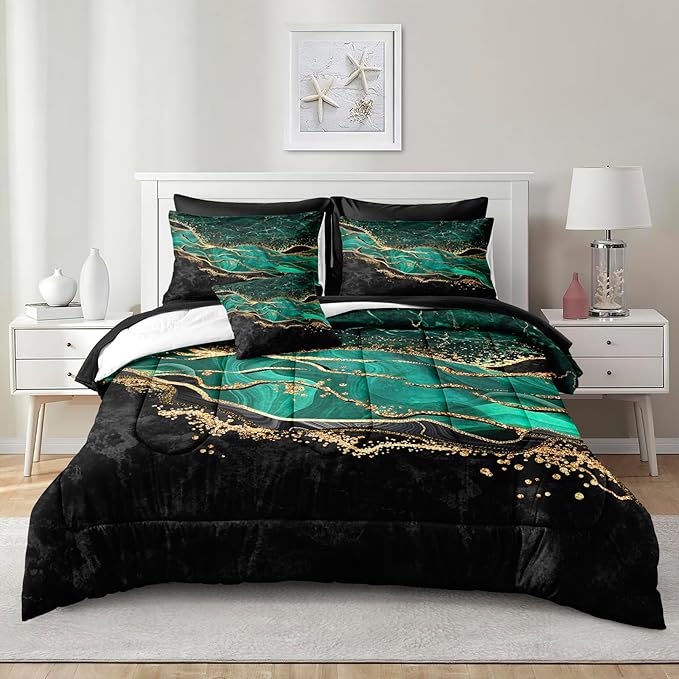 Black Gold Comforter 8 Pieces Queen Bed in a Bag, Emerald Green Marble Bed Set with Comforter, Fitted Sheet, Flat Sheet, Matching Pillowcases, Abstract Bedding Set for All Season