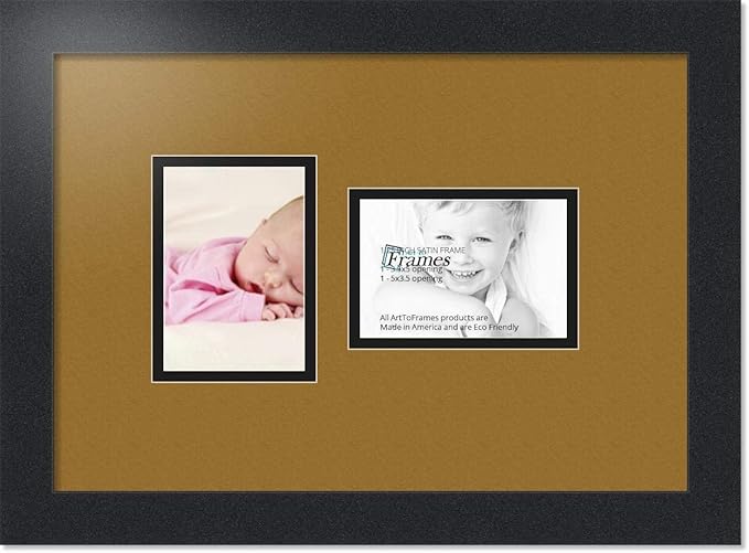 ArtToFrames Collage Photo Frame Double Mat with 2-3.5x5 Openings with Satin Black Frame and El Dorado mat.