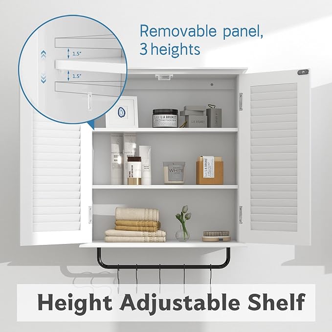 TaoHFE Bathroom Cabinet Wall Mounted White Designer Bathroom Wall Cabinet Medicine Cabinet with Double Shutter Doors 3 Tier Adjustable Shelf with Towel Rack Over The Toilet Storage Cabinet Laundry
