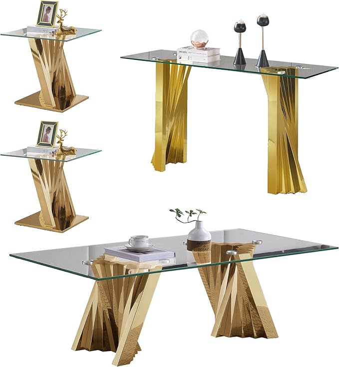 Glass 4 Piece Living Room Table Sets,4-Piece Table Set Includes 1 Glass Coffee Table and 1 Console Table and 2 End Tables with Stainless Steel Frame,Modern Coffee Table Set of 4 for Living Room