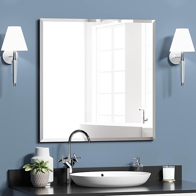 KOHROS Vanity Mirror Frameless Square Mirror, 24" x 24" Bathroom Wall Mirror w/Pencil Polished Edge, Anti-Rust, Tempered Glass, Hangs Horizontally or Vertically