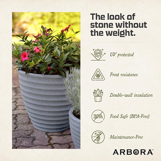 ARBORA 13" Ibiza Polyresin Indoor and Outdoor Planter with Stone Blend Concrete Gray Finish - Durable, Weatherproof, Lightweight, Large Plant Pot for Patio, Garden, Deck, Entryway