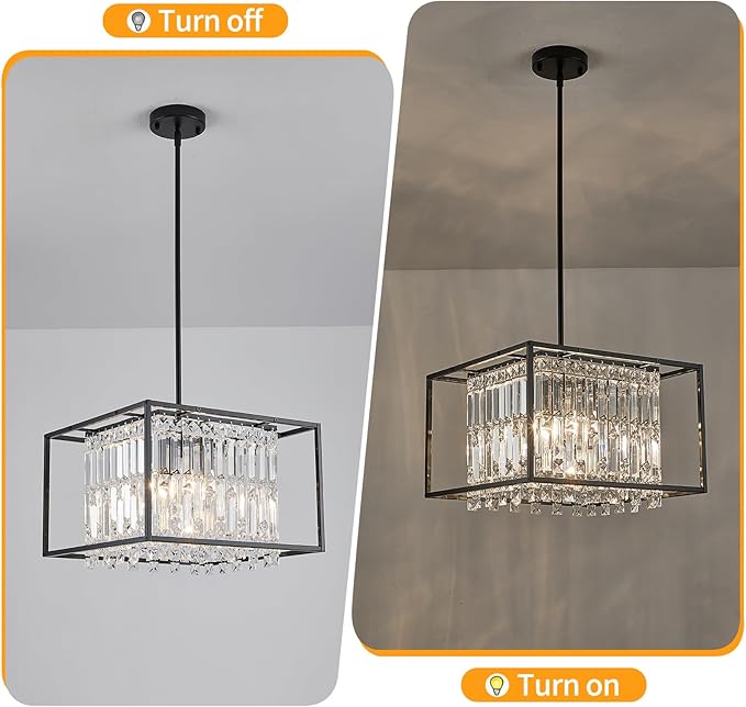 Modern 4-Light Dining Room Chandelier,Farmhouse Black Metal Chandelier,Crystal Square Industrial Pendant Light Fixture for Kitchen Island Living Room Foyer Hallway Entryway 15.75"