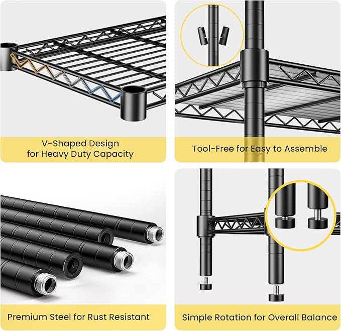 45" W Storage Shelves 5 Tier Wire Shelving with Shelf Liners, Adjustable Metal Garage Shelving, 1875LBS Heavy Duty Commercial Storage Rack for Pantry Kitchen, 45" W x 16" D x 72" H, Black