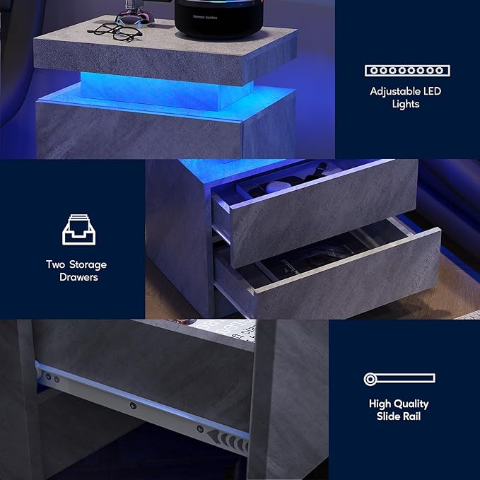 LED End Table, Modern Bedside Table with Storage, 20.5" Tall End Tables Bedroom Set of 2 with 2 Drawers, LED Furniture for Bedroom, Living Room, and Playroom, All Grey