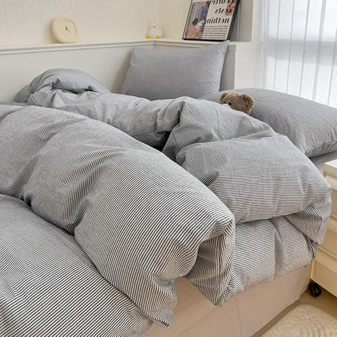 VM VOUGEMARKET Washed Cotton Grey Striped Duvet Cover Set King,Pinstripes Duvet Cover with 2 Pillowcases Modern Simple Farmhouse Style Bedding Set-Vertical Stripes