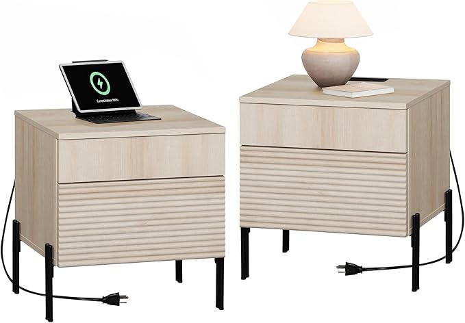 WAMPAT Fluted Nightstands Set of 2 with Charging Station,19.7" Tall Mid Century Modern Night Stands, Wood Side End Table with 2 Drawers,Wood Bedside Table with Metal Legs for Bedroom,Living Room,Beige
