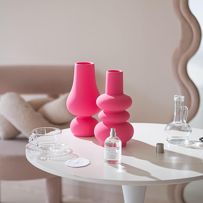 BLOFLO Hot Pink Ceramic Vase, Colorful Ceramic Vase, Modern Dried Flower Vases, Pink Round Vase for Centerpieces Wedding Dinner Table Party Office, Housewarming Gift (3 Layers Pink)