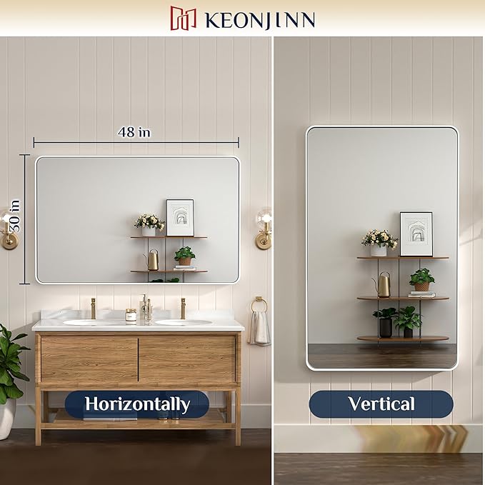 Keonjinn White Bathroom Vanity Mirror 48 x 30 Inch Large Rounded Corner Rectangular Wall Mirror, Farmhouse Mirror, Seamless Metal Frame, HD Tempered Glass Modern Decorative Mirror(Horizontal/Vertical)