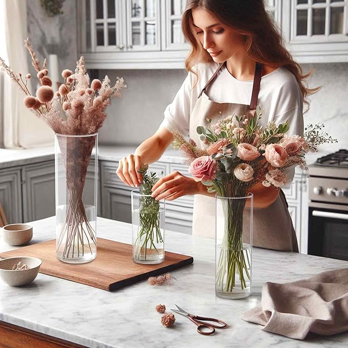 Amazing Abby - Viola Magra - Plastic Cylinder Vases (6-Piece Set), Acrylic Flower Vases for Wedding Centerpieces, Home Decorations, Office Ornaments, Shatter-Proof, 6" + 9" + 12" (H) (Not Glass)