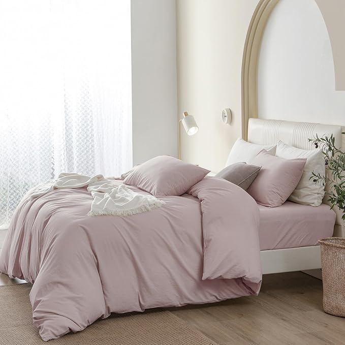 JIYUAN 100% Washed Cotton Duvet Cover Set 3 Pieces Queen, 1 Duvet Cover 90x90 Inches (Comforter Not Included) and 2 Pillowcases,Linen Feel Bedding Set Comfy and Breathable, Heathered Greyish Pink