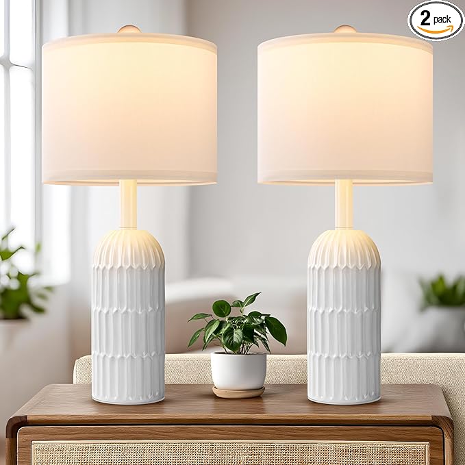 22.5" White Modern Table Lamps Set of 2 for Living Room Bedroom, Farmhouse Vintage Bedside Table Lamps with White Linen Shade, Rustic Bedroom Table Lamp for Nightstand Home Office End Table Dorm