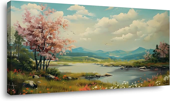 Green Grass and Pink Tree By Riverbank Wall Art Decor Artwork for Bedroom (30x60 Inches)