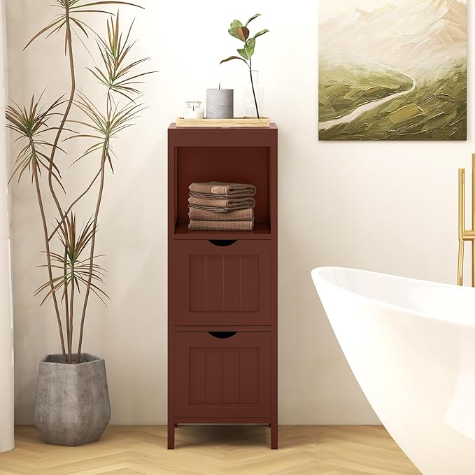 Tangkula Small Bathroom Storage Cabinet with 2 Removable Drawers, Wood Freestanding Floor Cabinet for Bathroom, Anti-Tipping Device, Side Corner Cabinet for Small Spaces (Brown)