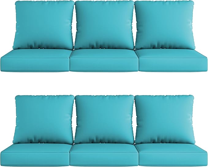 UIXE 24.5" Deep Seat Outdoor Cushion Set with Back Pillows, Patio Furniture Cushions, Sectional Sofa Bistro Chair Cushion - Teal Blue, Set of 6