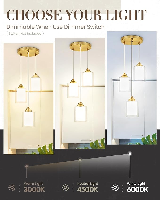 TENGXIN 3 Light Pendant Light,Brushed Gold Modern Pendant Light for Kitchen Island,Dual Glass Shade,Farmhouse Pendant Lighting for Dining Room,TXPLBG04