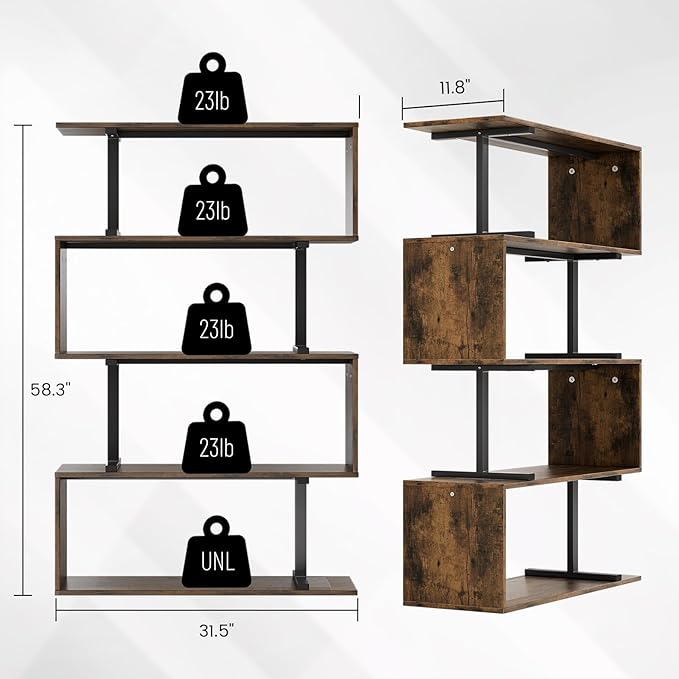 5-Tier Geometric Bookshelf, S Shaped Bookcase, 31.5" W x 58.3" H Wood Decorative Storage Shelving, Modern Freestanding Display Shelves, Tall Book Shelf Unit for Living Room Bedroom