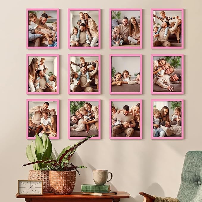 Renditions Gallery Set of 12, 11X14 Custom Photo Prints with Real Wood Picture Frames. Create Personalized Photos with Peel & Stick Photo Frames. Pink Frame