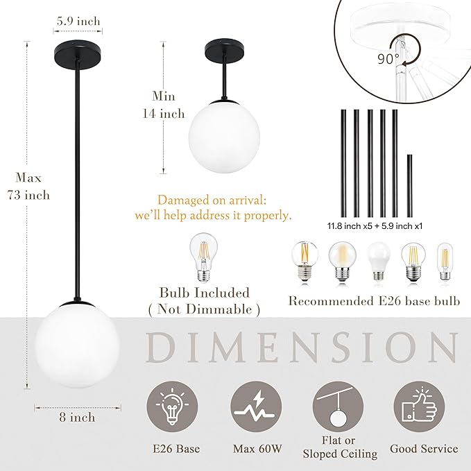 8" Globe Pendant Light Black Mid Century Modern Light Fixture Milk Glass Pendant Light Globe Pendant Lights Kitchen Island Matte Black Finished with Milk Glass Lampshade for Dining Room