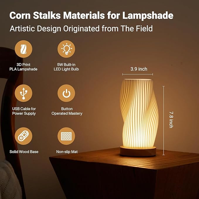 Bedside Lamp with Woodbase - Button Control Table Lamp for Bedroom 12 Way Dimmable Nightstand Lamp with PLA Lampshade for Living Room, Kids Room, College Dorm, Office, Mothers Day Gifts