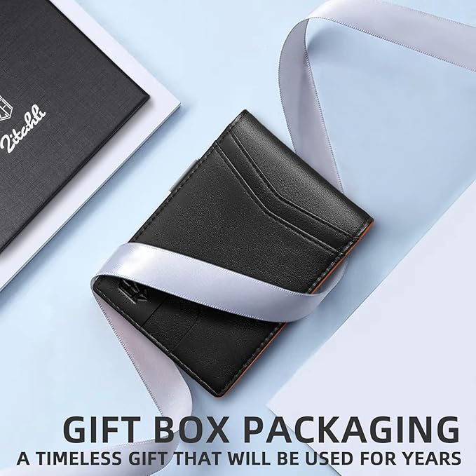 Zitahli Slim Wallet for Men Gifts 12 Card Slots ID Window With Money Clip Minimalist RFID Front Pocket Bifold Leather Small Thin Gift Box Dad Birthday Christmas Regalos Hombres