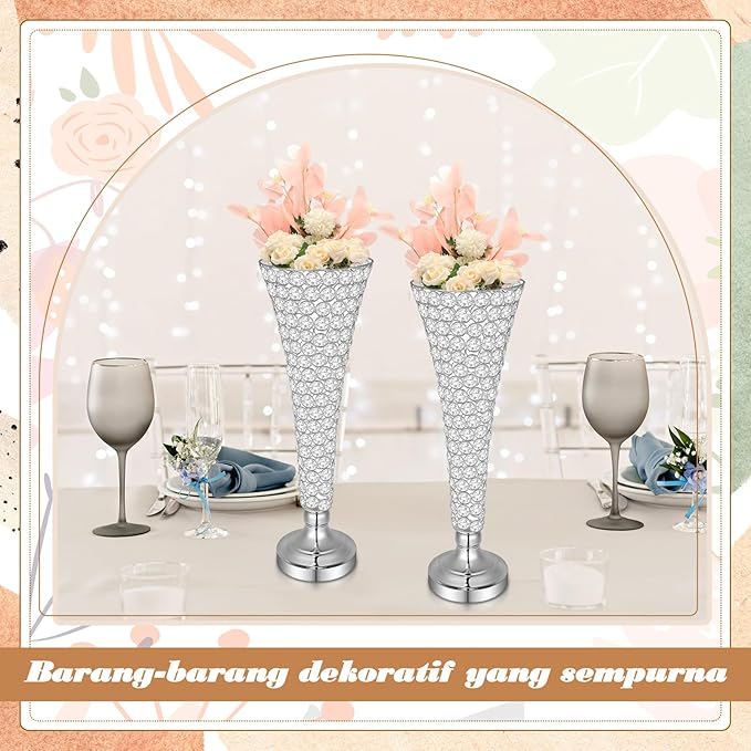 Rtteri 4 Pcs 20 Inch Tall Crystal Vase for Centerpieces Wedding Metal Crystal Trumpet Flower Vase Stand for Table Floor Wedding Party Favor Banquet Celebration, Classic Elegance (Silver)