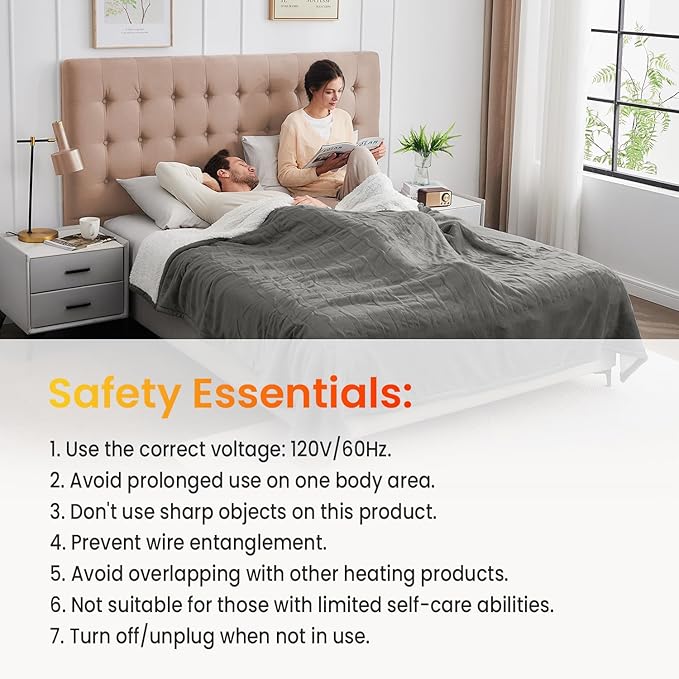 WOOMER Electric Heated Throw Blanket, Soft Flannel Fast Heating Bed Blanket with Multi-Color Option, Queen Size 84"x 90", 10 Heating Levels & 0.5-12H Auto Off, Over-Heat Protection