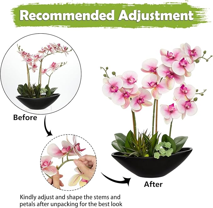 Briful Pink Orchid Fake Flowers 17in Artificial Orchid Silk Flowers in Black Pot Faux Orchid Arrangement for Home Office Bathroom Table Centerpiece Modern Decor