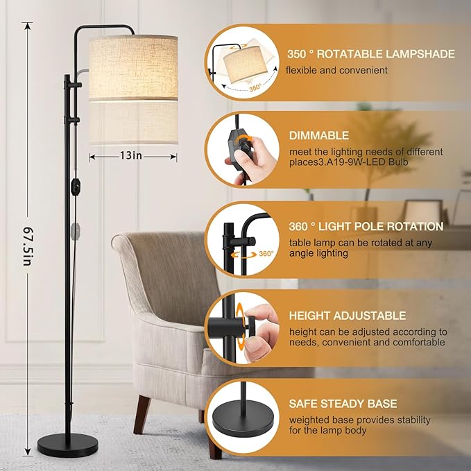 GyroVu Floor Lamp for Living Room, Adjustable Height Standing Lamps with 350° Rotate Beige Lampshade, 67.5-Inch Modern Tall Lamp Dimmable Floor Lamps for Corner Bedroom Home Office (Bulb Included)