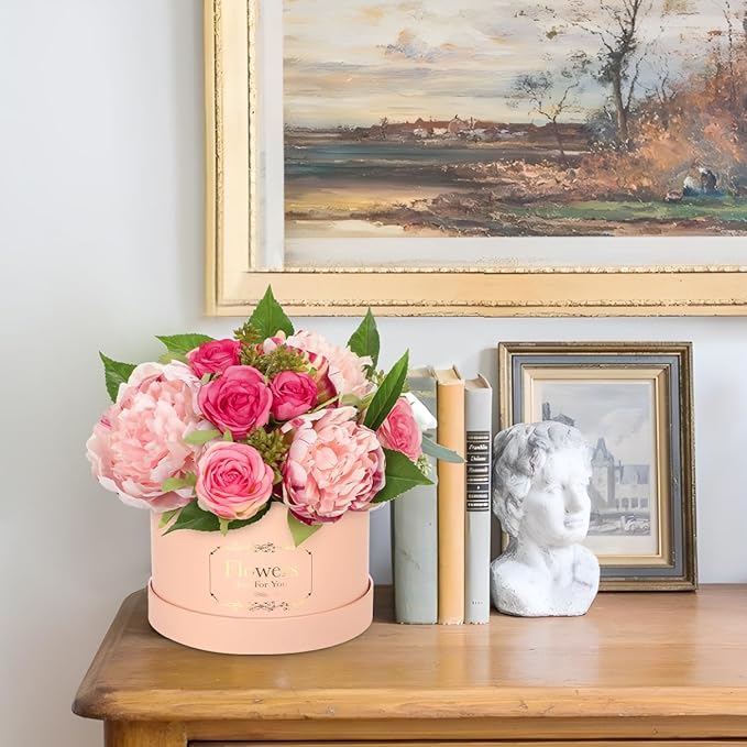 Hollyone Pink Peonies Roses Artificial Flowers in Vase Round Gift Boxes with Fake Flowers Arrangements Faux Flowers Floral in Box Vase for Her Mothers' Day Valentine's Day Christmas Birthday Gift